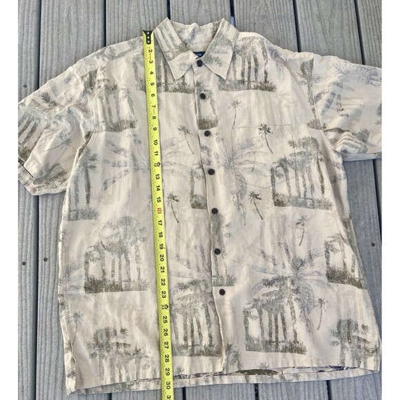 Nautica XL Silk Linen Beige Hawaiian Palm Tree Button Shirt Short Sleeve Safari - Picture 8 of 11